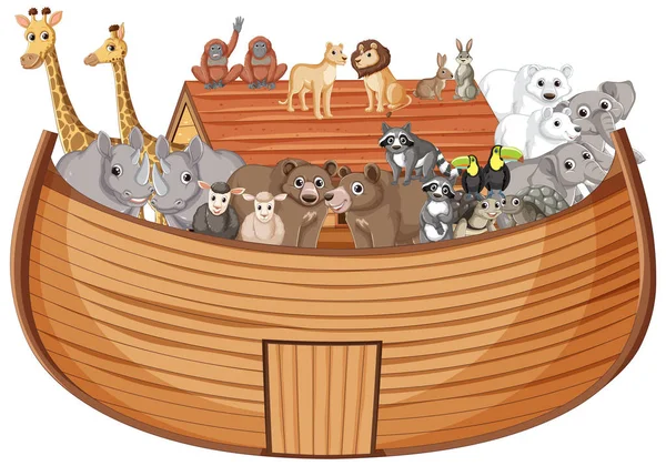 Illustration Animals Noah Wooden Boat — Stock Vector