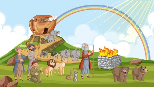Noah Villagers Witness Divine Communication Amidst Menagerie — Stock Vector