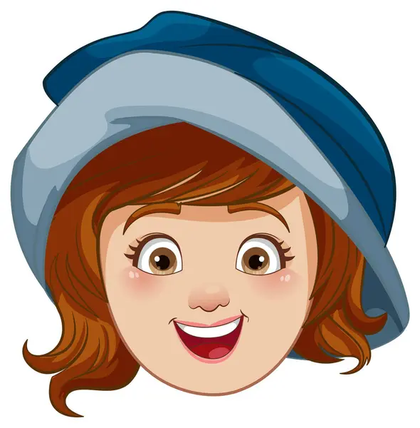 ベクター漫画のイラストスタイルで帽子をかぶった顔に笑顔の陽気な女性 — ストックベクタ