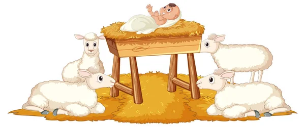 Ilustração Bebê Jesus Cercado Por Ovelhas Uma Manjedoura — Vetor de Stock