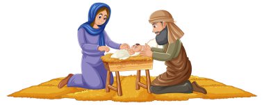 Meryem Ana 'nın İsa' yı doğurduğu ve yanında Yusuf 'un olduğu tuhaf bir karikatür.
