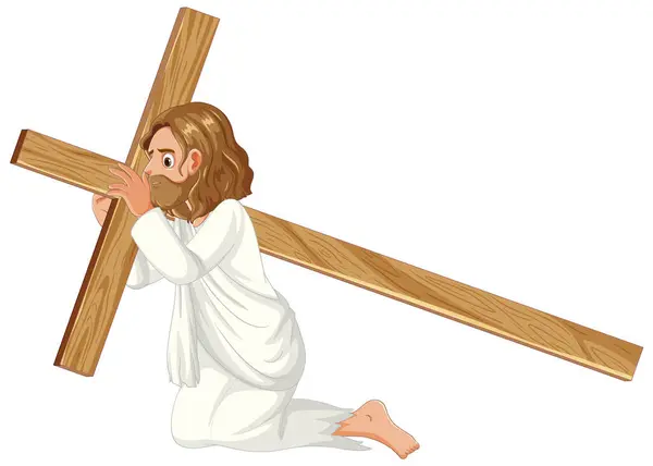 Vector Cartoon Illustration Jesus His Knees Carrying Cross — Stock Vector