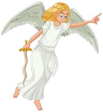 Kanatları olan, üzgün ve elinde kılıç tutan bir meleğin tasviri.