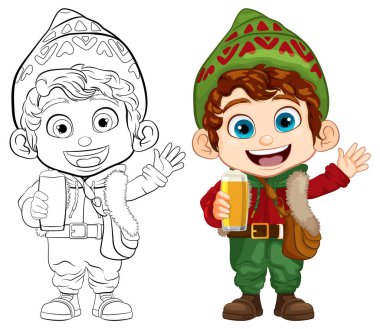 Çizgi film tarzında kışlık kutlama kıyafetleri giyen mutlu bir kız.