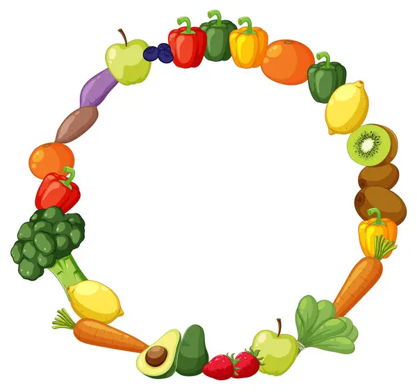 Vibrante Illustrazione Del Cartone Animato Vettoriale Frutta Verdura Una Cornice — Vettoriale Stock