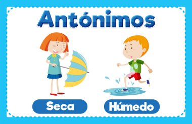 İspanyolca karşıt anlamlı resimli kelime kartı: kuru ve ıslak anlamına gelir