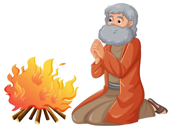 Illustration Ancient Man Sitting His Knee Praying Front Campfire — Stock Vector