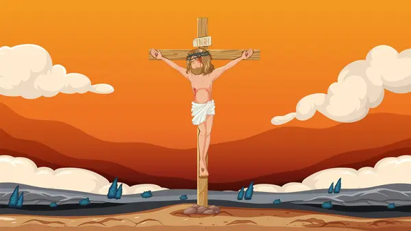 Illustration Jesus Crucifixion Wooden Cross Cartoon Vector Art — Stock Vector