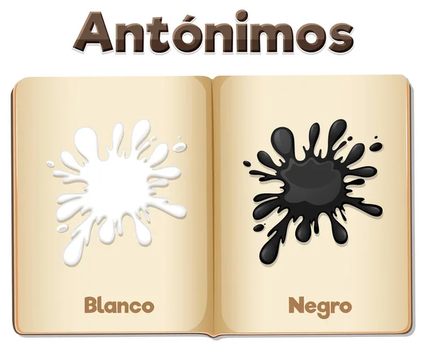 Spanyolca Karşıt Kelime Kartının Vektör Karikatür Çizimi Beyaz Siyah Anlamına — Stok Vektör
