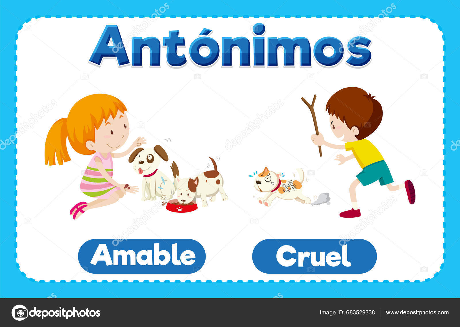 Illustrated Word Cards Spanish Teaching Antonyms Kind Cruel Stock