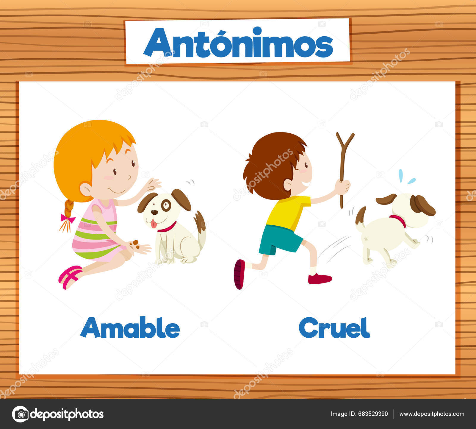 Vector Cartoon Illustration Depicting Antonyms 'Amable' 'Cruel' Spanish