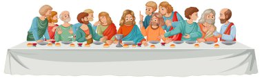 İsa Mesih 'in son yemeğini anlatan canlı bir sahne. Bir çok insan bir yemek masasının etrafında toplandı.