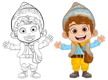 Çizgi filmde kış kutlaması kıyafetleri giyen mutlu bir çocuk.