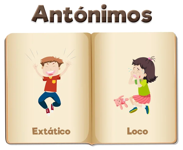 Ilustrovaná Slovíčka Zobrazující Antonyma Happy Sad Španělštině — Stockový vektor