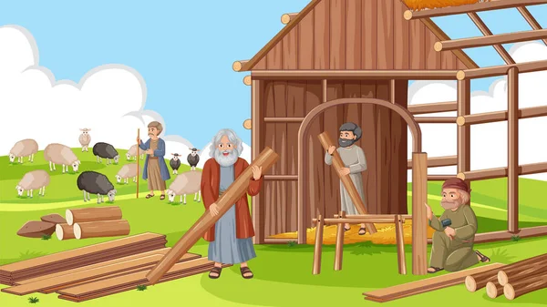 Noah Villagers Engage Various Activities While Constructing Ark — Stock Vector