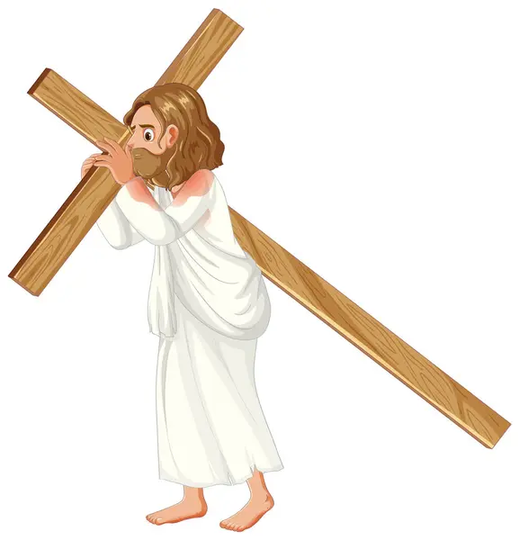 Vector Cartoon Illustration Jesus Walking Barefoot Wooden Cross — Stock Vector