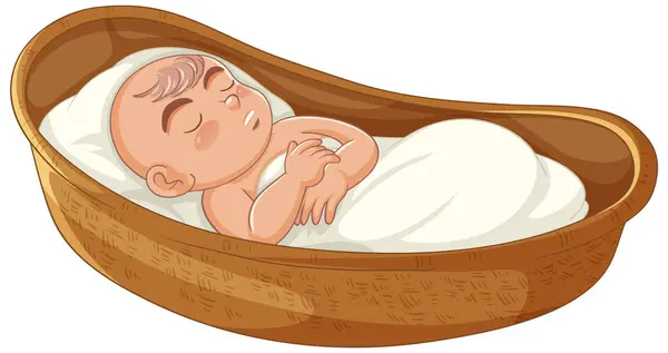 Illustration Baby Peacefully Sleeping Basket Depicting Religious Bible Story — Stock Vector