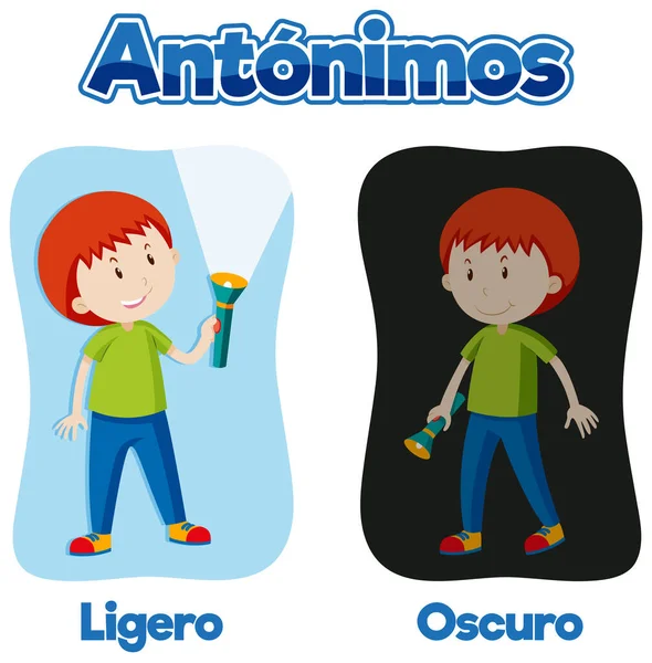 Kleurrijke Vector Illustratie Van Spaanse Woordkaart Met Antoniemen Ligero Oscuro — Stockvector