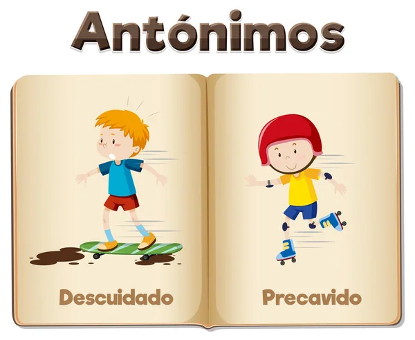 Vektorová Kreslená Ilustrace Zobrazující Antonyma Descuidado Precavido Španělštině Což Znamená — Stockový vektor