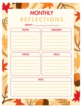 Metal bir günlükte sonbahar yaprakları temalı aylık yansımalar