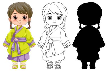 Geleneksel bir elbise giyen çekici bir Asyalı kız vektör karikatür tarzında