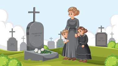 Üzgün kadın ve kızları tarihi giysiler içinde mezarlığı ziyaret ediyorlar.