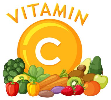 Sağlıklı bir diyet için C vitamini içeren renkli vektör çizimi