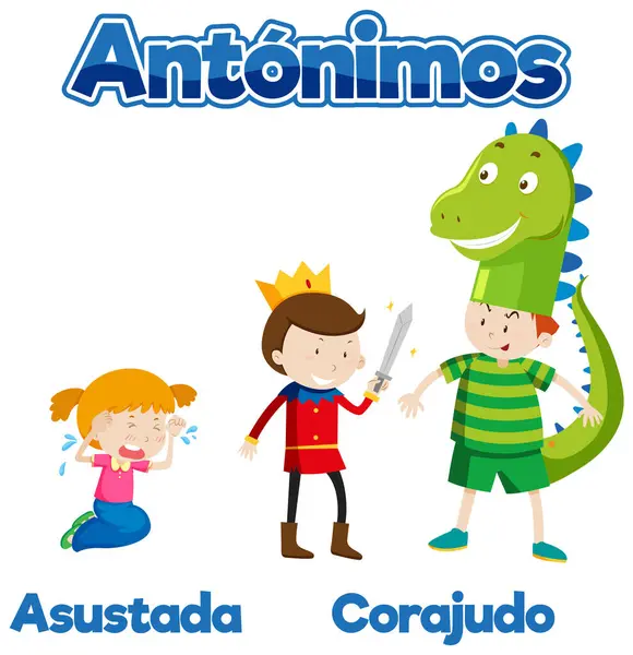 アンチネームを教えるためのスペイン語でイラストされた単語カード Afraid Brave — ストックベクタ