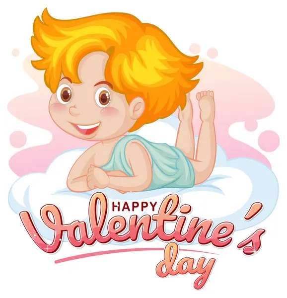 Delightful Vector Illustration Sweet Angel Resting Cloud Accompanied Joyful Valentine — Stock Vector