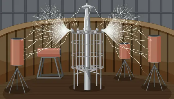 Illustrated Depiction Nikola Tesla Magnifying Transmitter Experiment — Stock Vector