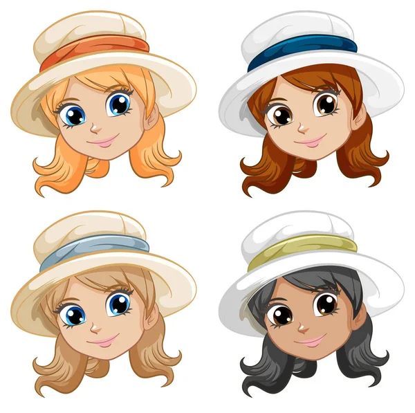 Quatro Mulheres Bonitas Usando Chapéus Vintage Uma Ilustração Desenho Animado — Vetor de Stock