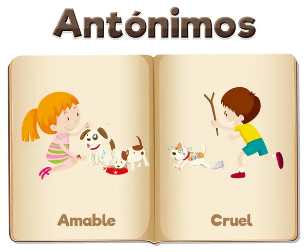 Cartes Mots Illustrées Espagnol Pour Enseignement Des Antonymes Signifie Genre — Image vectorielle