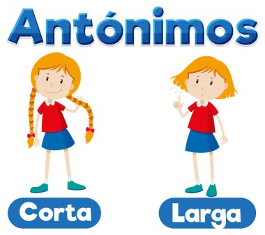 İspanyolca 'da' Corta 've' Larga 'kelimelerini' Short 've' Long 'anlamına gelen resimli bir kart.