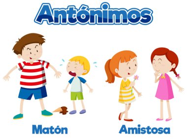 Maton ve Amistosa 'nın İspanyolca karşılığı olan resimli kelime kartı kabadayı ve dost canlısı anlamına gelir.