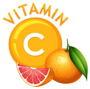 Bir turuncu ile C vitamini içeriğini gösteren canlı bir vektör karikatürü