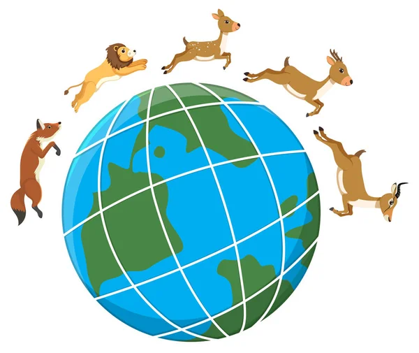 Vector Cartoon Illustration Various Wild Animals Running Globe — Stock Vector