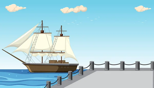 Vector Cartoon Illustration Sailing Ship Reaching Port — Stock Vector