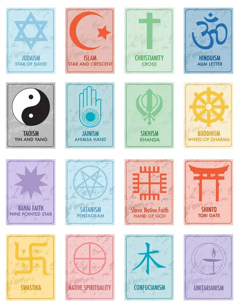 Illustration of various religious symbols on a colorful background