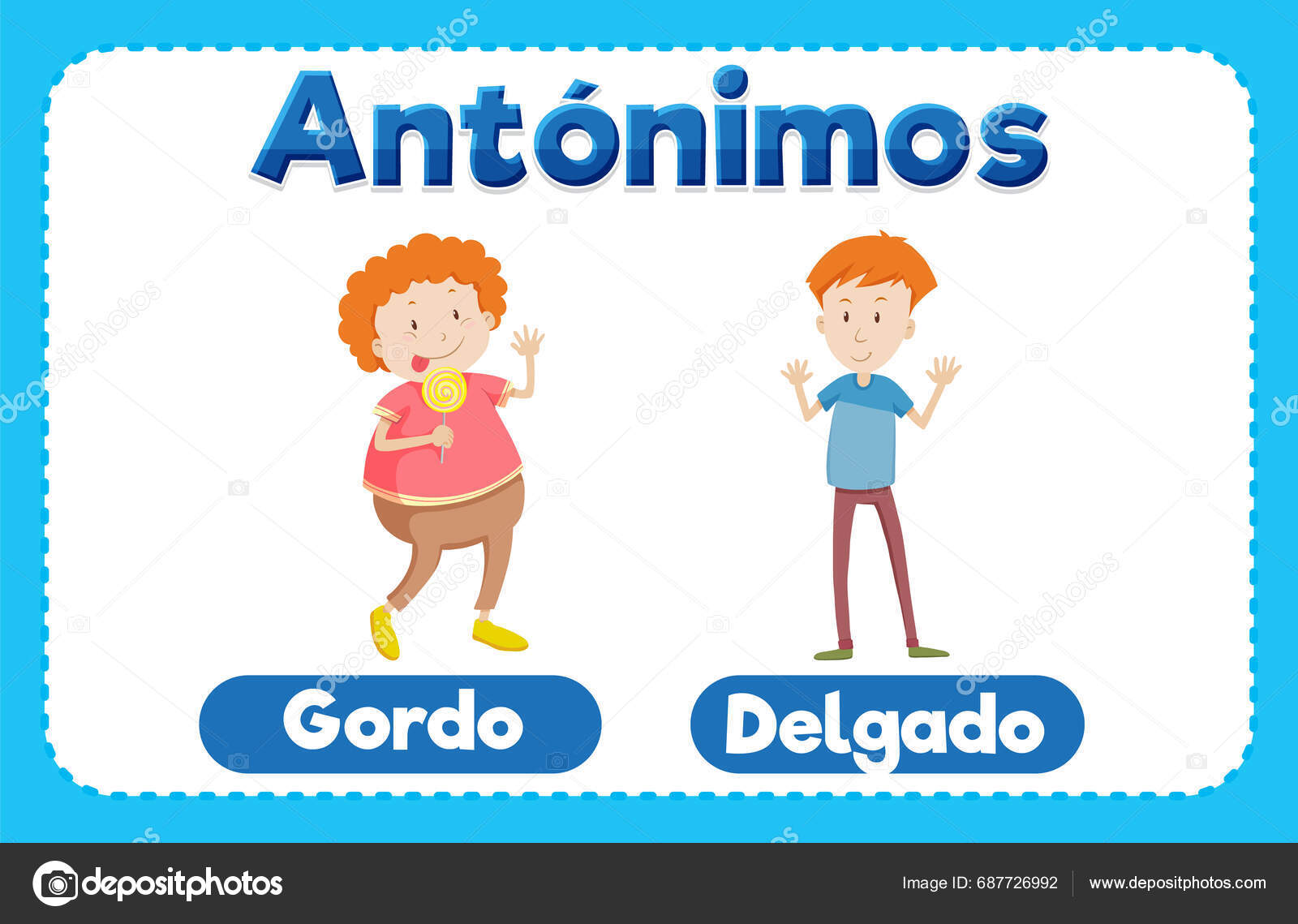 Illustrated Picture Word Card Teaching Antonyms Spanish Fat Slim Stock