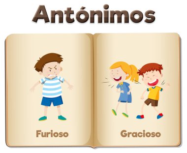 İspanyolca 'da karşıt kelimeleri öğretmek için kullanılan resimli kelime kartları öfkeli ve komik.