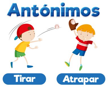İspanyolca karşılığı Tirar ve Atrapar olan resimli kelime kartı fırlatma ve yakalama anlamına gelir
