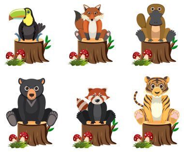 Bir ağaç kütüğüne tünemiş vahşi hayvanların vektör çizimi