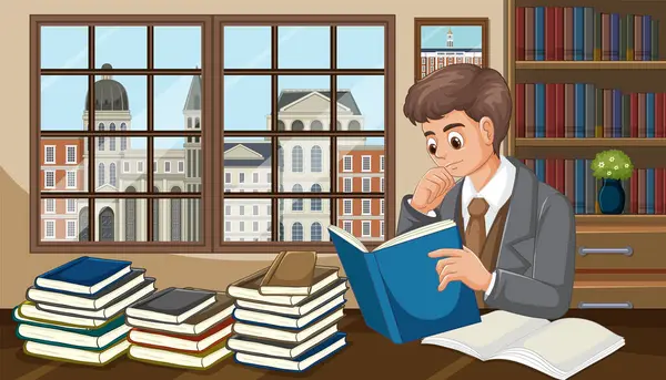 Young Man Engrossed Reading Book Backdrop European Architecture — Stock Vector
