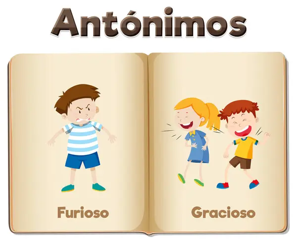 Cartes Mots Illustrées Espagnol Pour Enseigner Les Antonymes Furieux Drôles — Image vectorielle