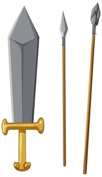 ベクトル漫画のイラストスタイルに描かれた剣や槍を含む古代の武器のセット — ストックベクタ