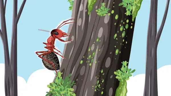 Eine Cartoon Ameise Die Pilze Trägt Läuft Auf Einem Baum — Stockvektor
