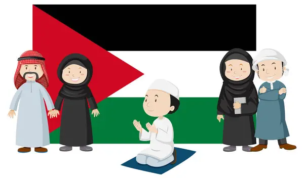 Illustratie Van Een Islamitisch Arabisch Stripfiguur Een Palestijnse Vlag — Stockvector