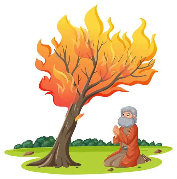 Vibrant Cartoon Illustration Depicting Biblical Story Moses Burning Bush — Stock Vector