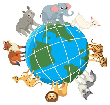 Vahşi hayvanların dünya çapında bir arada durmasının vektör karikatürü.