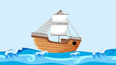 Açık denizde dalgalarla yüzen bir teknenin vektör çizimi.